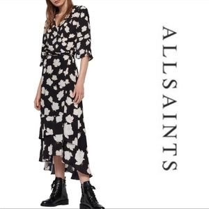 ALL SAINTS Delana high low wrap dress maxi sleeves black white floral summer